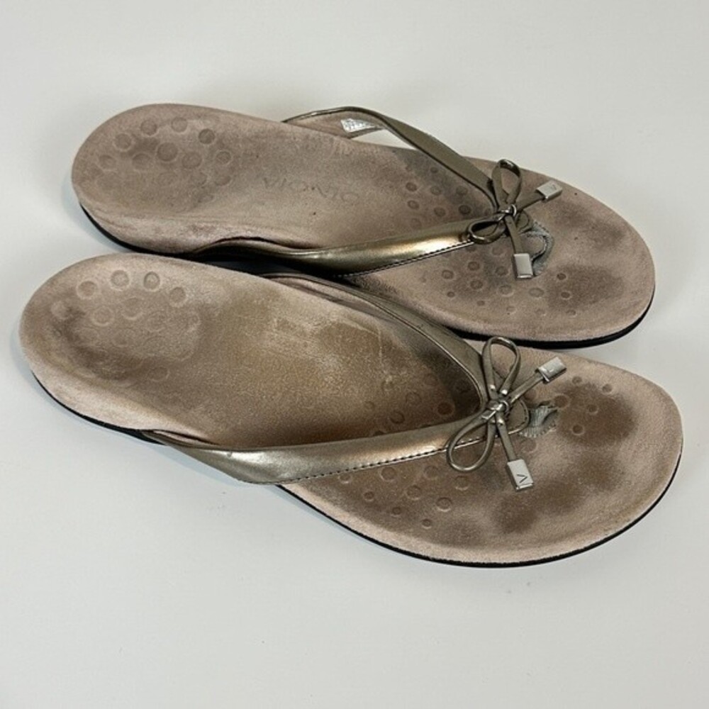Vionic Bella Flip Flop Sandals Metallic Leather Bow 9